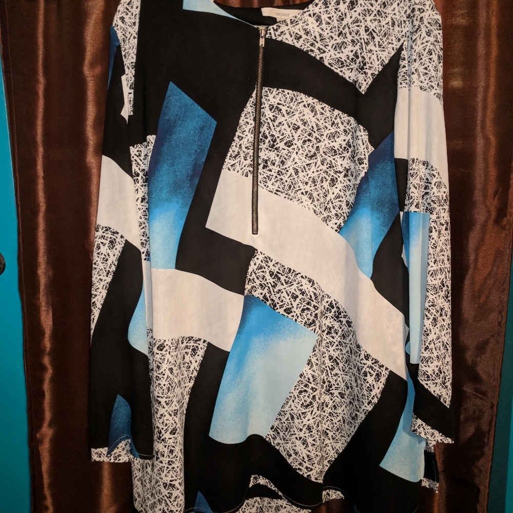 Graphic black, blue, and white tunic
